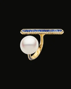 Rings^Paspaley Blue Sapphire Bollard Split Pearl Ring | 14mm Semi Round Pearl, Blue Sapphire, and Yellow Gold YellowGold