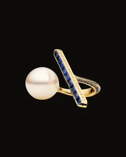 Rings^Paspaley Blue Sapphire Bollard Split Pearl Ring | 14mm Semi Round Pearl, Blue Sapphire, and Yellow Gold YellowGold