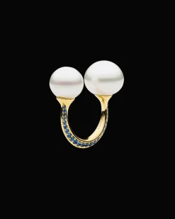 Rings^Paspaley Blue Sapphire Double Pearl Split Ring | 11-13mm Button Pearls, Blue Sapphire, and Yellow Gold YellowGold