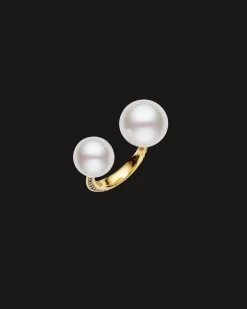 Rings^Paspaley Blue Sapphire Double Pearl Split Ring | 11-13mm Button Pearls, Blue Sapphire, and Yellow Gold YellowGold