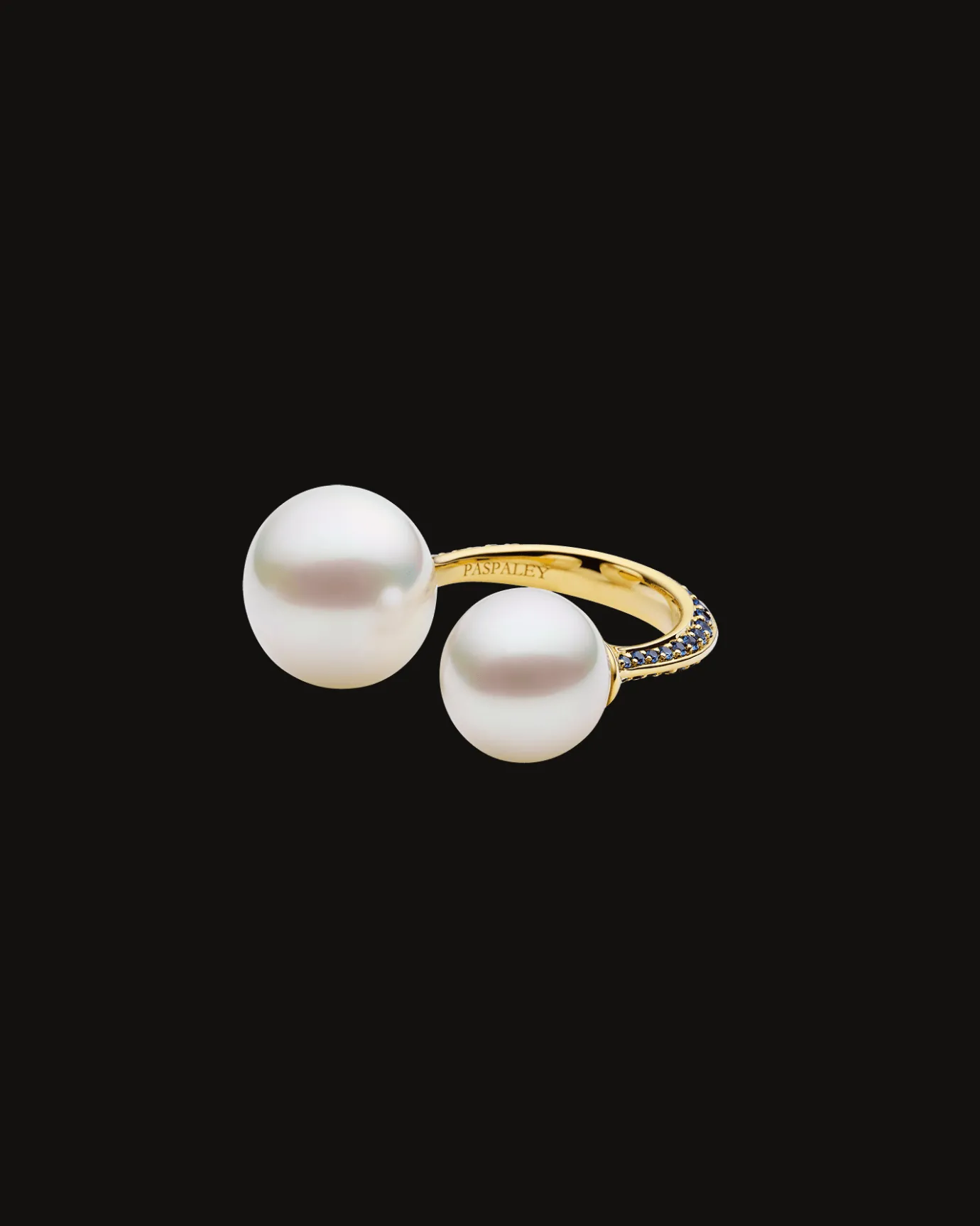 Rings^Paspaley Blue Sapphire Double Pearl Split Ring | 11-13mm Button Pearls, Blue Sapphire, and Yellow Gold YellowGold