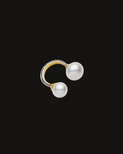 Rings^Paspaley Blue Sapphire Double Pearl Split Ring | 11-13mm Button Pearls, Blue Sapphire, and Yellow Gold YellowGold