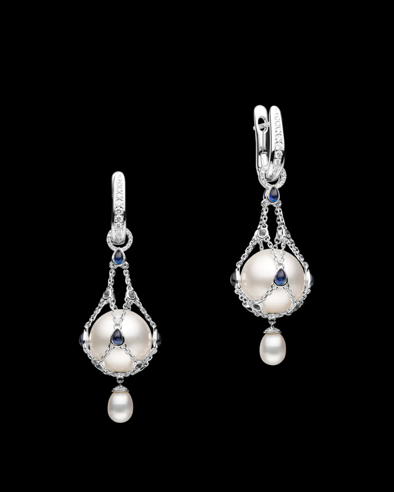 Earrings & Studs^Paspaley Blue Sapphire Lavalier Pearl Earrings | 12mm Round Pearls, Blue Sapphires, and White Gold