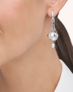 Earrings & Studs^Paspaley Blue Sapphire Lavalier Pearl Earrings | 12mm Button Pearls, Blue Sapphires, and White Gold WhiteGold