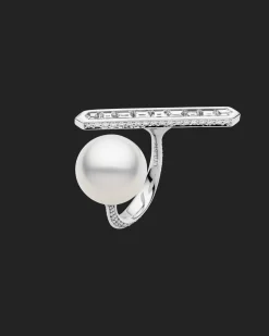 Rings^Paspaley Diamond Bollard Split Pearl Ring | 14mm Semi-Round Pearl, Diamond, and White Gold WhiteGold