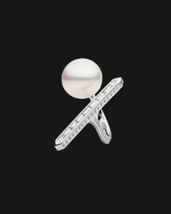 Rings^Paspaley Diamond Bollard Split Pearl Ring | 14mm Semi-Round Pearl, Diamond, and White Gold WhiteGold
