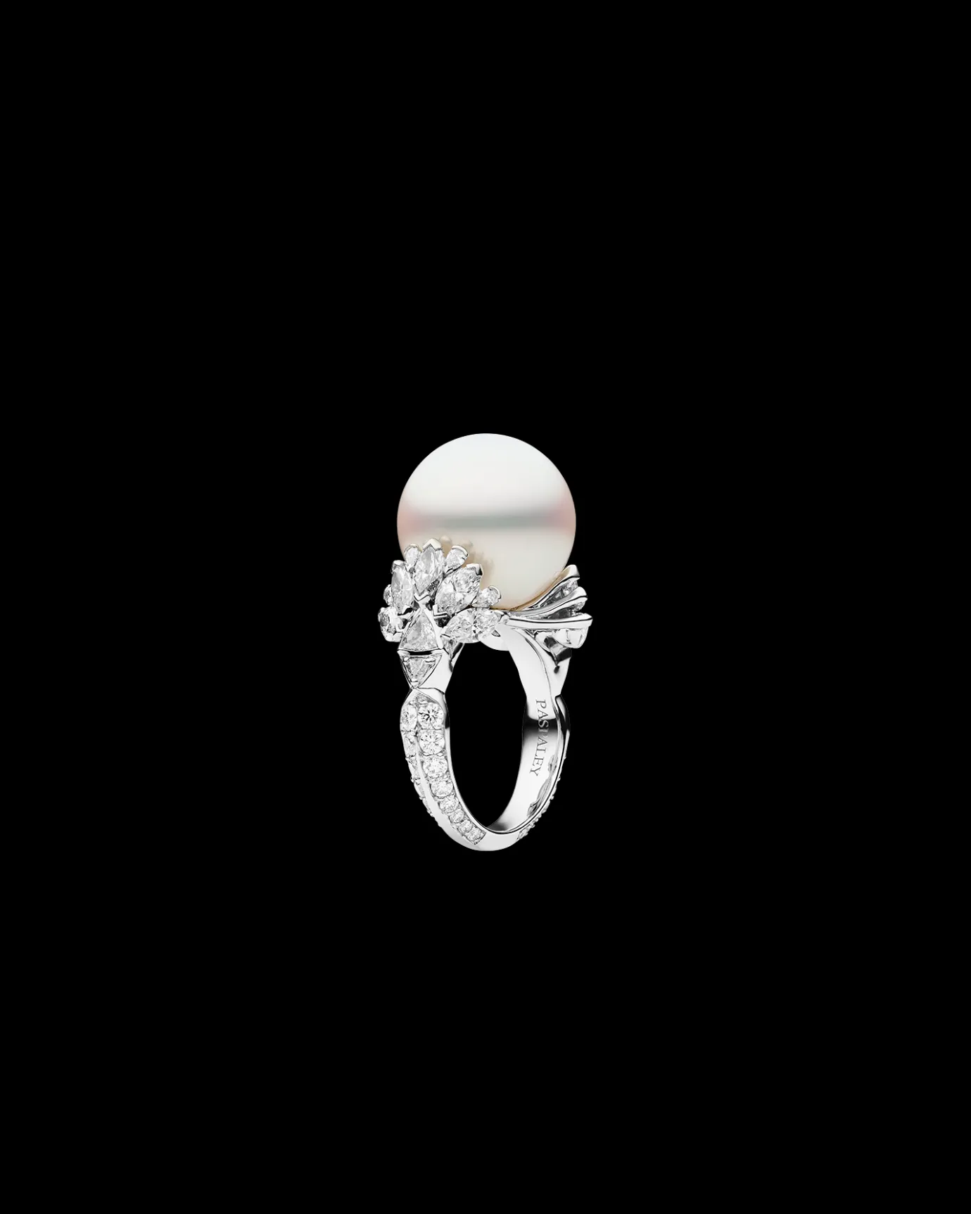 Rings^Paspaley Diamond Clamshell Ring | 15mm Round Pearl, Diamonds, and Platinum