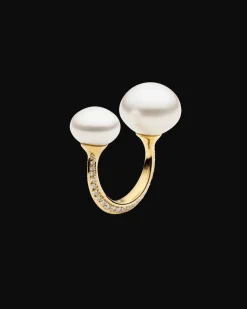 Rings^Paspaley Diamond Double Pearl Split Ring | 11-13mm Button Pearls, Diamond, and Yellow Gold YellowGold