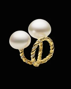 Rings^Paspaley Diamond Entwined Rope Double Pearl Ring | 13-17mm Button Pearl, Diamonds and Yellow Gold YellowGold