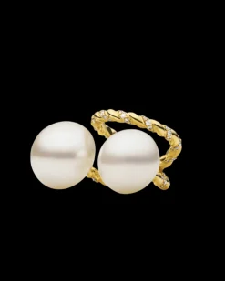 Rings^Paspaley Diamond Entwined Rope Double Pearl Ring | 13-17mm Button Pearl, Diamonds and Yellow Gold YellowGold