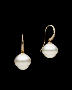 Earrings & Studs^Paspaley Diamond Keel Edge Pearl Earrings | 13mm Circle Pearls, Diamonds, and Yellow Gold YellowGold