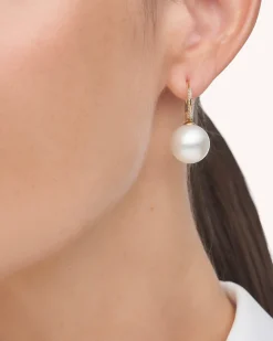 Earrings & Studs^Paspaley Diamond Keel Edge Pearl Earrings | 13mm Round Pearls, Diamonds, and Yellow Gold YellowGold