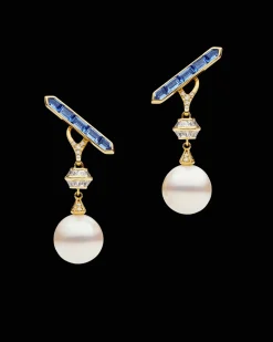 Earrings & Studs^Paspaley Diamond Sea Buoy and Bollard Stud Pearl Earrings | 12mm Semi-Round Pearls, Sapphires, and Yellow Gold YellowGold