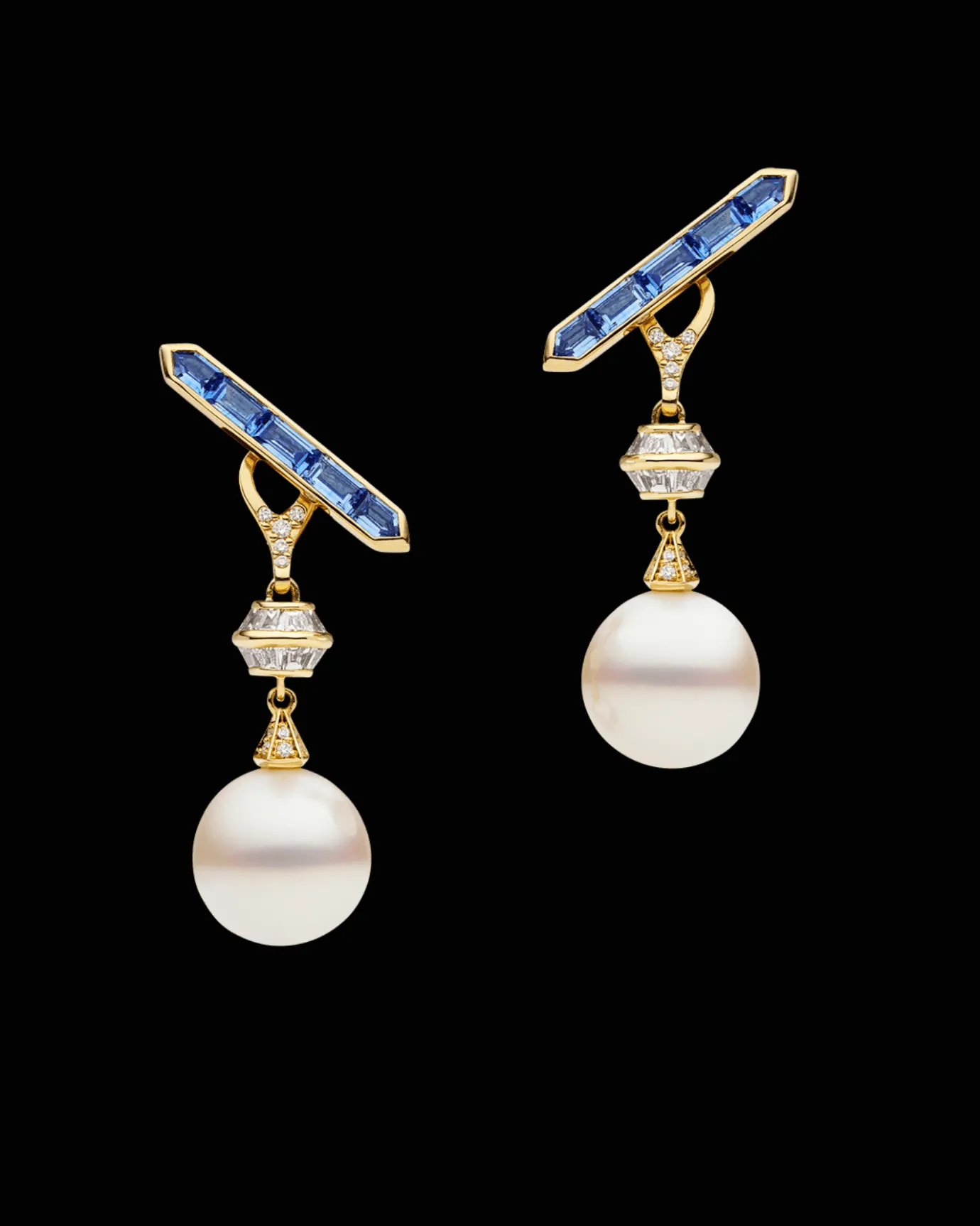 Earrings & Studs^Paspaley Diamond Sea Buoy and Bollard Stud Pearl Earrings | 12mm Semi-Round Pearls, Sapphires, and Yellow Gold YellowGold