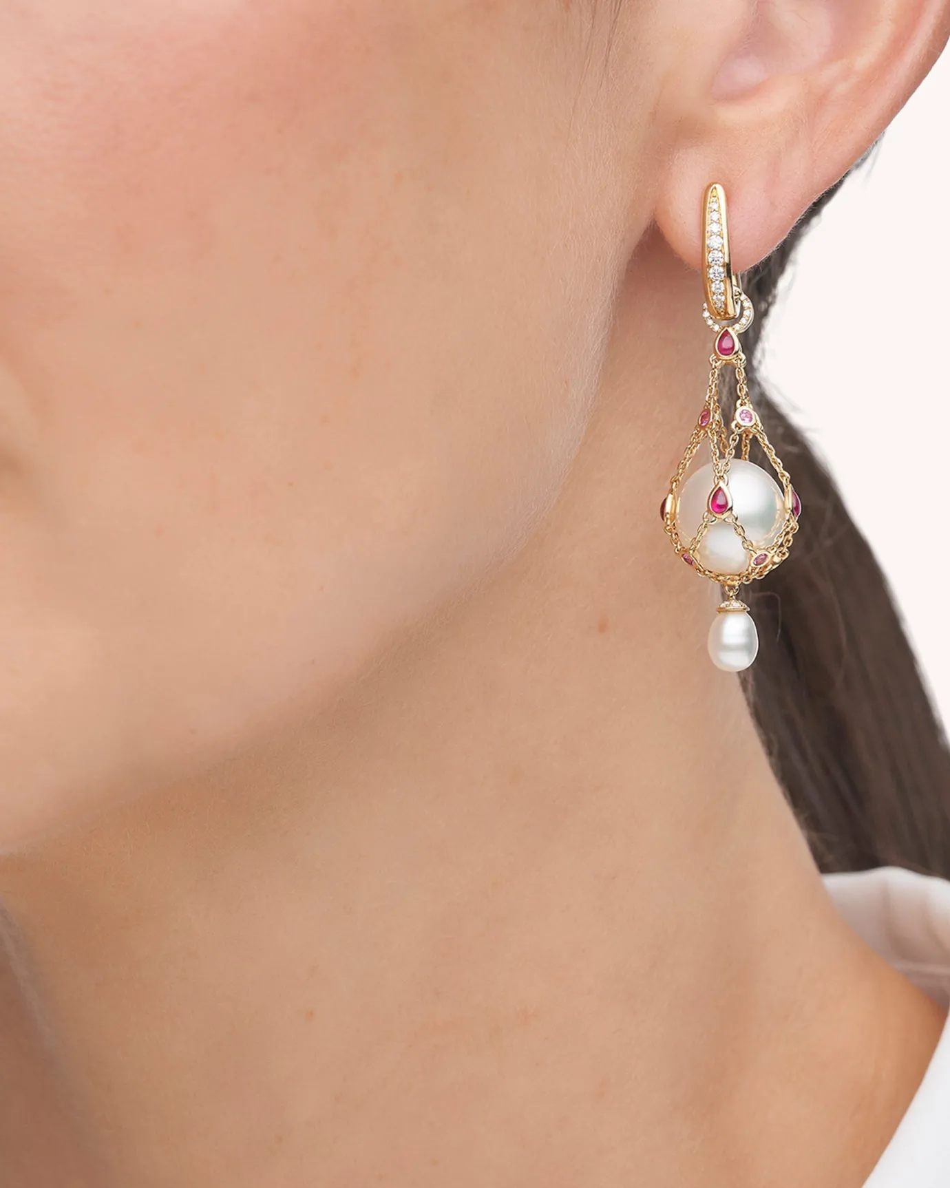 Earrings & Studs^Paspaley Ruby Lavalier Pearl Earrings | 12mm Button Pearls, Rubies, and Yellow Gold YellowGold