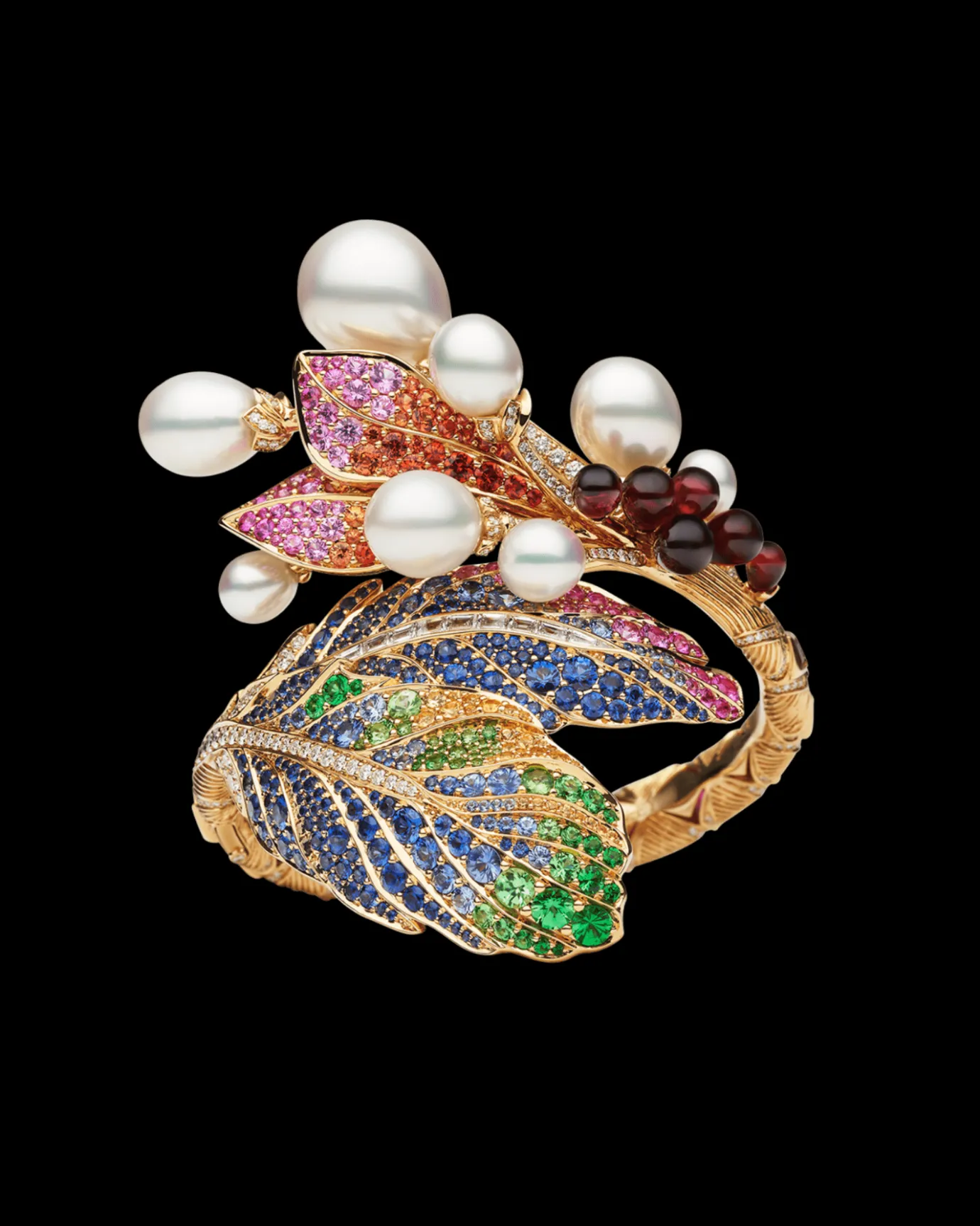 Bracelets^Paspaley Song Bird Double Feather Pearl Cuff | Drop Pearls, Gemstones, and Yellow Gold YellowGold