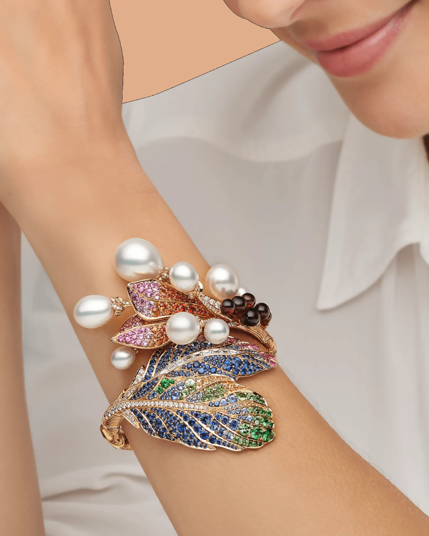 Bracelets^Paspaley Song Bird Double Feather Pearl Cuff | Drop Pearls, Gemstones, and Yellow Gold YellowGold