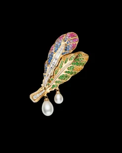 Clasps & Brooches^Paspaley Song Bird Feather Pearl Brooch Clasp | 5-7mm Keshi Pearls, Gemstones, and Yellow Gold YellowGold