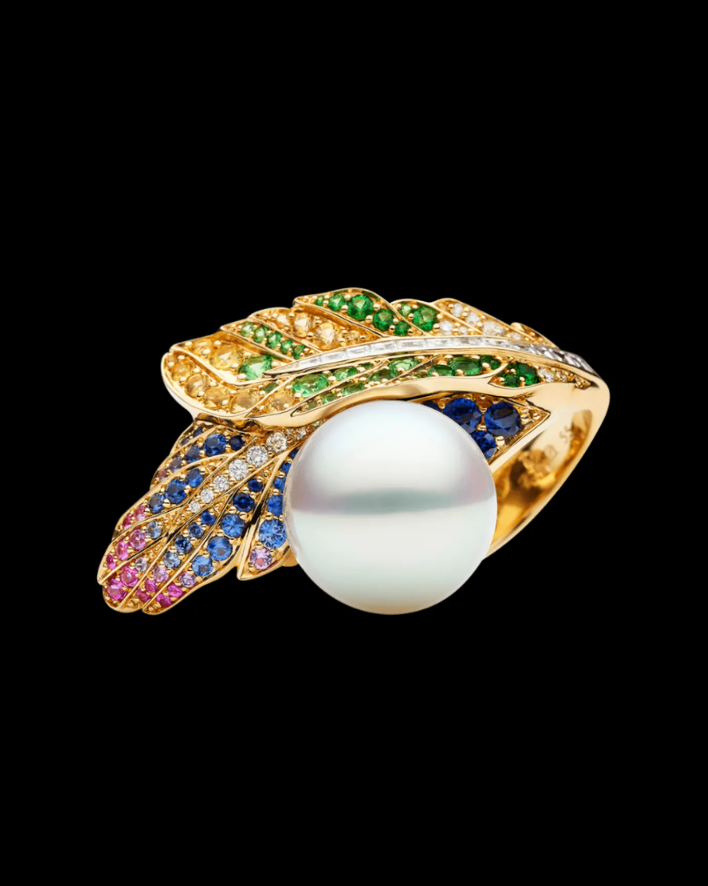 Rings^Paspaley Song Bird Feather Pearl Ring | 15mm Round Pearl, Gemstones, and Yellow Gold YellowGold